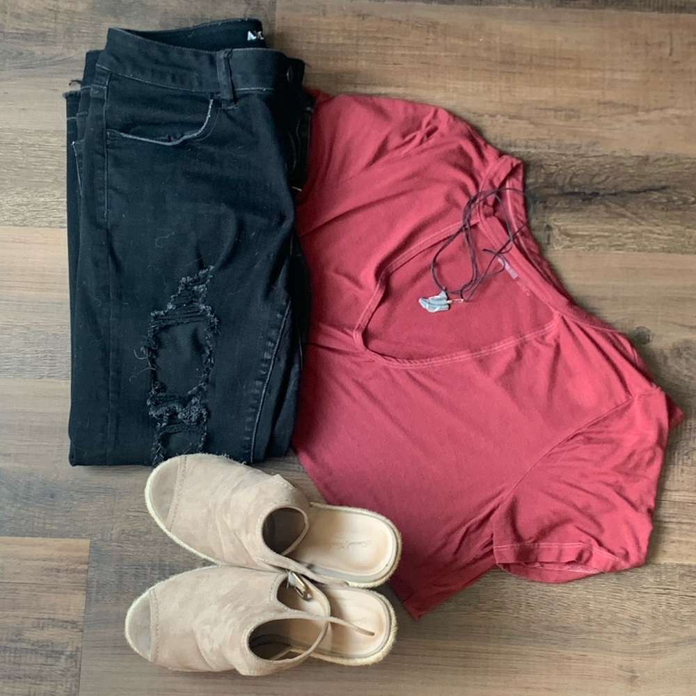 Maroon top with a keyhole neckline.